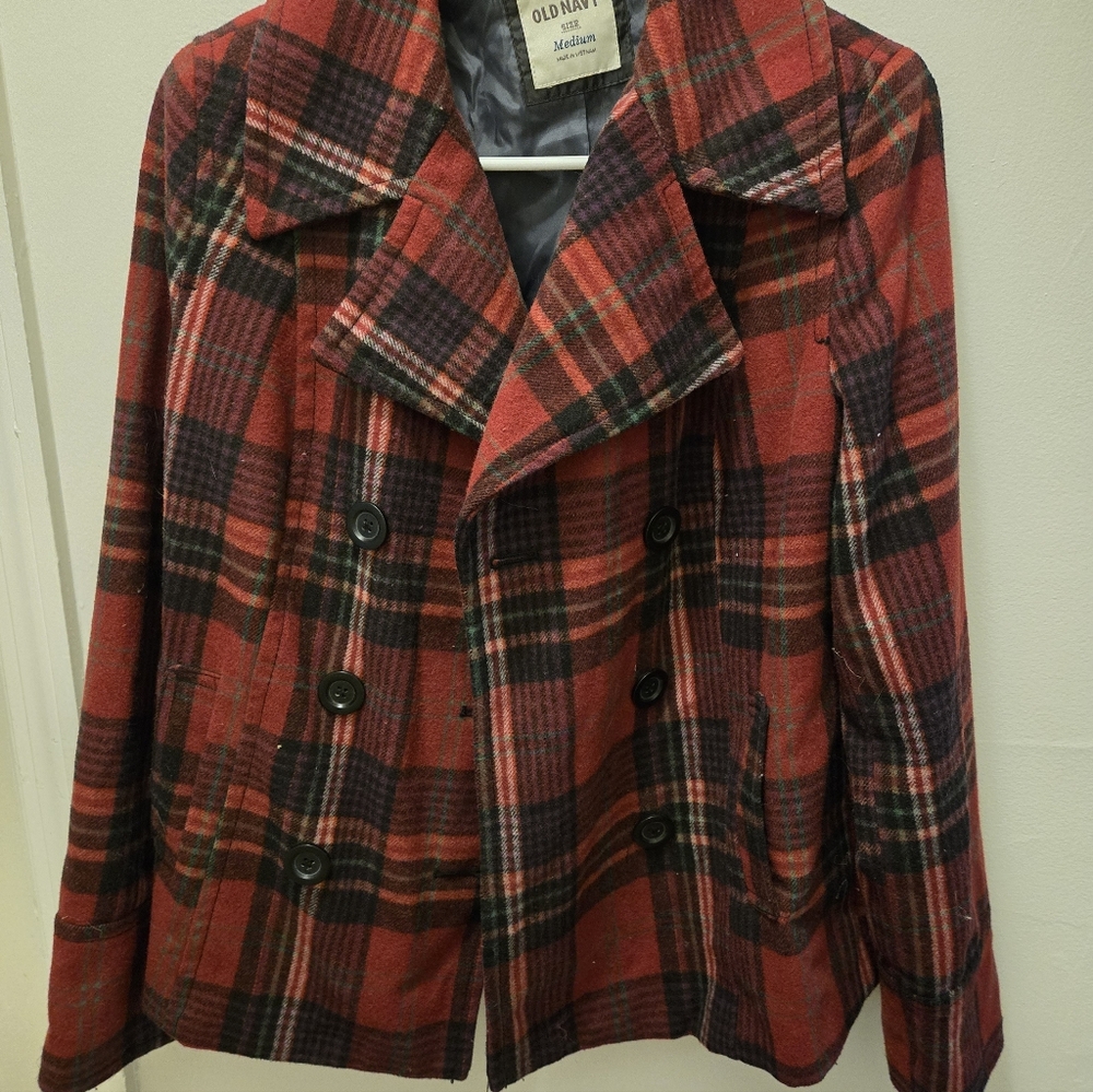 Old Navy Women's Red and Black Plaid Pea Coat